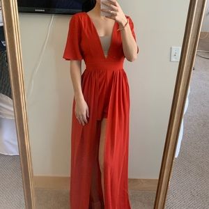 Red maxi dress with shorts